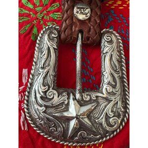 Men's Brown Leather Belt w/Silver Buckle & Accents, Tony Lama, Size 44.